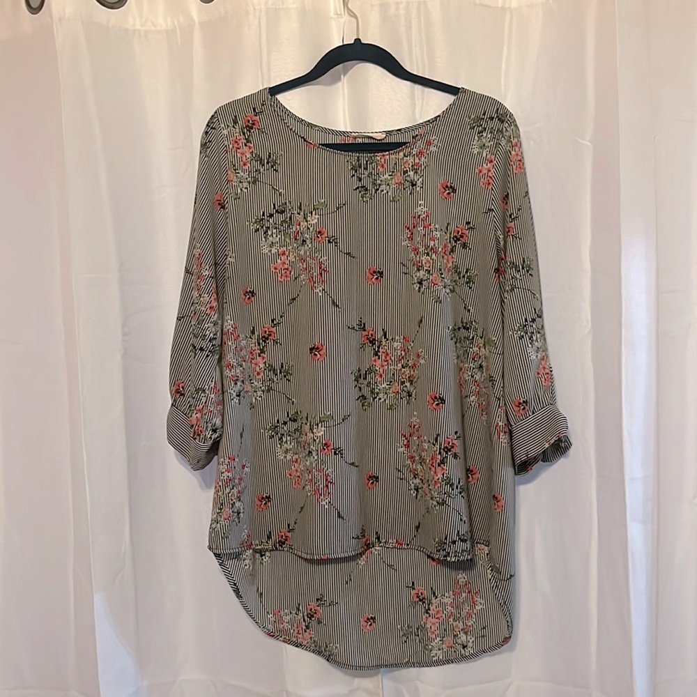 Black and White stripe, floral, tie-sleeve, high low blouse